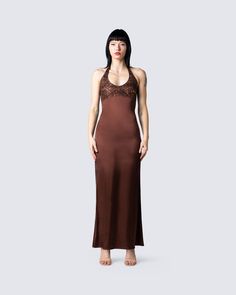 Leana Brown Halter Dress Fitted Brown Halter Neck Dress, Brown Satin Sleeveless Maxi Dress, Brown Summer Party Slip Dress, Elegant Brown Backless Maxi Dress, Brown Spaghetti Strap Maxi Dress For Party, Brown Satin Sleeveless Slip Dress, Sleeveless Brown Satin Slip Dress, Chic Brown Satin Maxi Dress, Elegant Brown Slip Dress With Spaghetti Straps