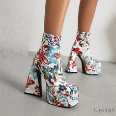 Lasaky - Vintage Chunky High Heel Martin Boots with Floral Pattern - Short Style Vintage Floral Boots, John Tucker, Sock Ankle Boots, Short Ankle Boots, Embroidered Boots, Floral Heels, Chunky High Heels, Platform Ankle Boots, Martin Boots