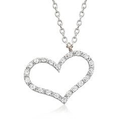 Ross-Simons - C. 1990 Vintage .20ct t. w. Diamond Heart Necklace in 14kt White Gold. 16". C. 1990. A style you'll love forever. From our Estate collection, this delightful heart necklace illuminates your look with .20 ct. t. w. round brilliant-cut diamonds in polished 14kt white gold. Cable chain with a 2" extender. Graduates from 1/16" to 1/2" wide. Lobster clasp, diamond heart necklace. Exclusive, one-of-a-kind Estate Jewelry. Diamond birthstones are the perfect gift for April birthdays. Formal White Gold Heart Necklace With Single Cut Diamonds, Diamond White Heart Pendant Necklace With 17 Jewels, White Gold Heart Cut Diamond Necklace With 17 Jewels, Classic Heart Pendant Necklace With 17 Jewels, Formal Diamond Necklace With Heart Pendant, Classic Necklaces For Anniversary And Mother's Day, Classic Necklaces For Mother's Day Anniversary, Heart-shaped Brilliant Cut Jewelry For Valentine's Day, Formal White Gold Necklace For Valentine's Day