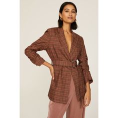 Brown plaid twill (49% Viscose, 48% Cotton, 3% Elastane). Blazer. Long sleeves. Collar. Front button closure. 29.5" from shoulder to hemline. Imported. Plaid Single-breasted Outerwear With Suit Collar, Tailored Plaid Outerwear With Lapel Collar, Fall Plaid Outerwear With Notch Lapel, Plaid Notch Lapel Blazer For Fall, Plaid Outerwear With Suit Collar For Business Casual, Fall Plaid Blazer With Notch Lapel, Spring Plaid Blazer With Lapel Collar, Fall Business Belted Blazer, Fall Business Blazer With Belt