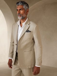 Tailored-Fit Cotton-Linen Suit Jacket | Banana Republic Factory Tailored Casual Summer Suits, Tailored Linen Sport Coat With Patch Pockets, Formal Linen Suits With Patch Pockets, Tailored Linen Sport Coat With Pockets, Tailored Summer Suits For Business Casual, Business Casual Notch Lapel Suits For Summer, Summer Business Casual Suits With Notch Lapel, Linen Sport Coat With Patch Pockets For Business Casual, Tailored Summer Business Casual Suits