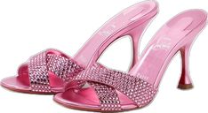 Luxury Rhinestone Mules For Formal Occasions, Luxury High Heel Mules With Rhinestones, Luxury Pink Open Heel Mules, Luxury Summer Rhinestone Mules, Luxury Rhinestone Summer Mules, Luxury Rhinestone Mules For Summer, Luxury Summer Mules With Rhinestones, Luxury Pink Mules For Evening, Chic Rhinestone Open Toe Mules