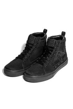 Normandy - Black On Black High Top Sneaker – Blackcraft Cult Custom Canvas Sneakers With Boost Midsole For Streetwear, High-top Sneakers With Abzorb Midsole For Streetwear, Streetwear High-top Sneakers With Abzorb Midsole, Urban High-top Sneakers For Streetwear, Urban High-top Sneakers With Studded Outsoles, Black Canvas Sneakers With Boost Midsole, Black Canvas Shoes For Skateboarding, Urban High-top Sneakers With Abzorb Midsole, Black Canvas Custom Sneakers For Streetwear