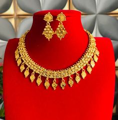 22ct gold plated necklace set look like real gold Gold Bridal Necklace With Pendant And Elegant Design, Heavy Gold Plated Jewelry Sets For Festivals, Gold Necklaces With Elegant Pendant Design, Gold Plated Round Jewelry Sets For Festivals, Gold Plated Jewelry Sets For Festivals, Heavy Gold Plated Temple Jewelry, Gold Necklace With Elegant Design For Festive Occasions, Gold-plated Hand Set Temple Necklace, Gold Plated Yellow Gold Kundan Necklace