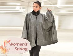 "Wool Cape Poncho ◈ Stylish and chic fashion is our shared dream! You can be sure that this piece is made with a lot of love and craftsmanship. ◈ S I Z I N G ◈ Poncho's width: 1.40 cm/ 0.55\" Due to the fabric specifications, sleeves of the plus size models will be shorter. Convo me for more questions! This item is available from XS to 4XL. Please, have a look at my Size Chart below before placing your order. ◈ D E L I V E R Y ◈ This item will be shipped in up to 5 days after your order was plac Oversized Gray Cape For Fall, Gray Oversized Cape Outerwear, Oversized Gray Cape Outerwear, Oversized Winter Poncho For Work, Winter Workwear Oversized Poncho, Oversized Winter Workwear Poncho, Cozy Oversized Cape With Long Sleeves, Oversized Gray Outerwear With Batwing Sleeve, Oversized Cold Weather Cape