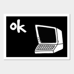 a black and white drawing of an old computer with the word ok written on it