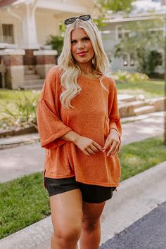 Vineyard Vibes Knit Top in Rust Curves Oversized Chic Textured Knit Top, Versatile Relaxed Fit Knit Tops, Versatile Knit Tops With Relaxed Fit, Chic Oversized Solid Color Knit Top, Knit Tops For Casual Gatherings In Fall, Chic Relaxed Fit Knit Top, Trendy Oversized Knit Top, Soft Knit Tops For Fall Day Out, Trendy Relaxed Fit Soft Knit Top