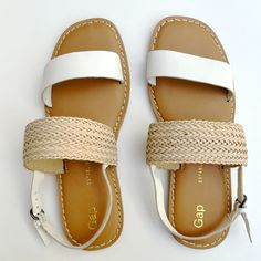 Gap Leather Two Band Sandals, White And Woven Tan Leather. Adjustable Strap At Heel For Fit. Upper Leather Lining And Sock Other Materials Rubber Sole Never Worn, Nwot Size Usa 6.5 / Eur 37.5 White Strap Sandals For Vacation, White Open Toe Slingback Sandals With Strap, Casual White Sandals With Adjustable Strap, White Synthetic Sandals With Adjustable Strap, White Flat Sandals With Adjustable Strap, White Adjustable Strap Synthetic Sandals, White Sandals With Adjustable Strap, Gap Open Toe Sandals For Spring, White Sandals With Adjustable Strap For Vacation