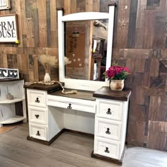 Maximize style and functionality with our Farmhouse Vanity. Featuring a rustic farmhouse design, this vanity adds charm and character to any bathroom while providing ample storage space. Upgrade your bathroom with this expertly crafted and timeless piece. DIMENSIONS: 53 3/4” (W) x 18" (D) x 32 1/4" (H) — Overall 29”(H) — Seat Area 23 3/4” (W) — Seat Area 16” (D) — Seat Area 43 1/2” (H) — Mirror 30 3/4” (W) Mirror 1" (D) Small Western Makeup Vanity, Wooden Dresser With Mirror, Refinished Vanity Antique, Rustic Vanity Ideas Bedroom, Western Vanity Ideas, Restored Vanity, Rustic Makeup Vanity Ideas, Western Vanity, Country Vanity