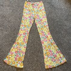 Ghanda Co. Rosa Flare Pants Size 8 Brand New With Tags Trendy Floral Print Bottoms For Loungewear, Pink Spring Loungewear Pants, Pink Lounge Pants For Spring, Pink Floral Print Summer Pants, Pink Floral Print Pants For Summer, Summer Floral Print Pink Pants, Spring Multicolor Fitted Bottoms, Fitted Yellow Floral Print Pants, Retro Floral Print Bottoms For Spring