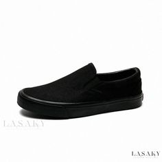 Lasaky - Soft Sole Shoes for Everyday Wear Casual Black Slip-ons With Contrast Sole, Slip-on Canvas Shoes With Rubber Sole And Closed Toe, Casual Closed Toe Skate Shoes With Rubber Sole, Comfortable Black Slip-on Canvas Shoes, Black Sneakers With Rubber Sole, Casual Solid Color Slip-ons, Casual Slip-on Skate Shoes With Textured Sole, Black Slip-on Canvas Shoes With Rubber Sole, Slip-on Walking Shoes With Round Toe For Streetwear