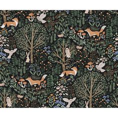 an image of a forest scene with foxes and birds in the trees on black background