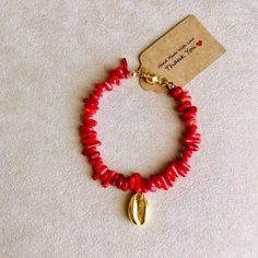 Bamboo Red Coral Bracelet with hypoallergenic gold stainless steel magnet closure and gold stainless steel shell charm Red Coral Bracelet, Gold Red Coral Bracelets As Gift, Gold Red Coral Bracelets For Gifts, Gold Bracelets With Red Coral As Gift, Gold Red Coral Bracelet As A Gift, Gold Red Coral Bracelet For Gift, Coral Beaded Bracelets For Gifts, Coral Red Beaded Bracelets As Gift, Gold Shell Bracelet As A Gift