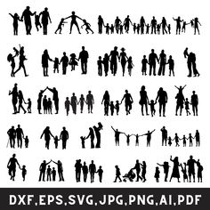 silhouettes of people and children in different poses, with the words dxf eps sv