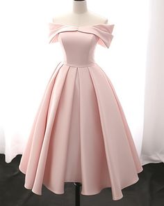 pearl pink off the shoulder pleated knee length formal dress Silk Bow Dress, Pink Dama Dress, Graduation Dress Pink, Off Shoulder Pink Dress, Pink Aesthetic Dress, Fancy Pink Dress, Pink Dress Elegant, Cute Pink Dresses, Pink Dress Aesthetic