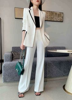 Women's Asymmetric Collar Double Breasted Blazer Pants Suit Set White Suit, Matching Pants, Pantalon Large, Suit Pants, Double Breasted Blazer, Height And Weight, Two Piece Outfit, Sweater Coats, Double Breasted