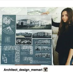 a woman standing next to a large blueprint with architectural drawings on it's side