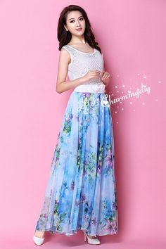 Blue Flowers Chiffon Skirt Long Maxi Sundress Beachdress Holiday Dress Women Summer Pleat Dress Beach Skirt Plus Size Dresses YM019 Detail Info: ❤ Color: as picture blue purple flower. More color choice link: https://www.etsy.com/listing/213656440/chiffon-dress-color-card?ref=shop_home_feat_1 Please just note the color you want with order. ❤ Material: Chiffon Waist 60-100cm, Please choose the length according to your height! Please note your waist size with your order, thank you! ❤ Care: machine Flowy Blue Skirt For The Beach, Breezy Summer Maxi Skirt, Light Blue Fitted Chiffon Dress For Summer, Blue Floral Print Maxi Skirt For The Beach, Blue Summer Chiffon Dress For Vacation, Blue Chiffon Summer Vacation Dress, Blue Flowy Maxi Skirt For Beach, Blue Chiffon Dress For Summer Vacation, Flowy Blue Maxi Skirt For Vacation