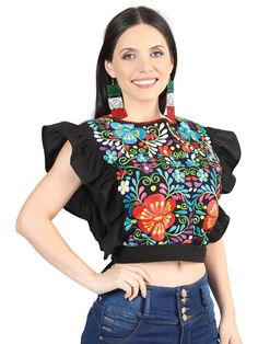 This unique piece features intricate floral embroidery, capturing the essence of traditional Mexican design. Earrings are sold separately Latina Style, Embroidered Crop Tops, Mexican Designs, Latina Fashion, Traditional Mexican, Cropped Tops, Mexican Style, Design Earrings, Womens Blouses