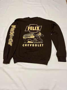 Felix chevrolet front and back design. Includes lettering arm sleeve. Brown sweater with brown ink. This sweater is the perfect color combination. Unique product. S-XL sizes available Retro Brown Long Sleeve Sweatshirt, Brown Crew Neck Sweatshirt With Graphic Print, Brown Crew Sweatshirt For Streetwear, Brown Crew Neck Sweatshirt For Streetwear, Brown Graphic Print Crew Neck Sweatshirt, Brown Crew Neck Sweater For Streetwear, Brown Long Sleeve Sweatshirt With Graphic Print, Brown Graphic Print Long Sleeve Sweatshirt, Retro Brown Crew Neck Sweatshirt