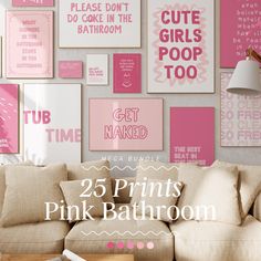 a living room filled with lots of pink wall art