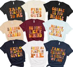 "Our Funny Family Thanksgiving Shirts 2023 come in a variety of phrases so every one in your family or friends group can choose their own. Great for your thanksgiving group photos, too ● Parents' shirts are Bella and Canvas brand t-shirt ● UNISEX adult sizing ● Toddler and Youth shirts available ● Props used in photos are NOT included with purchase HOW TO ORDER: 1. Select your first size and color, then click \"ADD TO CART\" 2. Return to the listing. 3. Repeat for all the shirts you want. 4. Complete checkout 5. Check your shipping address to make sure it's correct! PLEASE MAKE SURE YOU CHOOSE SIZES CAREFULLY AND LOOK AT THE SIZE CHARTS as all sales are final. SIZE: ● Take a look at the photos to see a specific size chart for this T-Shirt and bodysuit style ● PLEASE NOTE: these t-shirts ar Friends Family Tshirts, Cute Thanksgiving Shirts Family, Funnt Thanksgiving Shirts, Classroom Thanksgiving Shirts, Friends Themed Thanksgiving Shirts, Crew Neck Shirt With Letter Print For Family Gatherings, Friendsgiving Shirts, Thanksgiving Puns, Family Thanksgiving Shirts