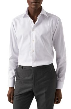 Cut in a slim fit, this sharp dress shirt is constructed from high-performance, crease-resistant cotton and fitted with a classic spread collar. 32" length; 45" chest (size 16.5) French placket Spread collar Mitered, adjustable button cuffs Darts at the back to adjust the width Curved hem 100% cotton Dry clean or machine wash, line dry Imported Twill Dress, Cutaway Collar, Collar Stays, Fresh Look, Modern Dress, Cut Shirts, Nordstrom Store, Chest Size, Cotton Dress