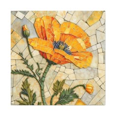 an orange flower on a mosaic tile background