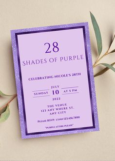 a purple birthday party card with the number 28 on it and an olive branch next to it