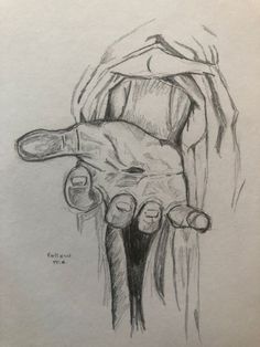 a pencil drawing of a person's hand holding something