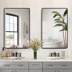 a bathroom with two sinks and mirrors on the wall