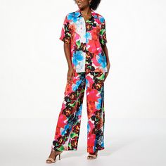 Antthony 2-piece Printed Challis Camp Shirt & Pant Set  Being comfortable in your skin is one thing. Being comfortable in your clothes is essential. Antthony designed this perfectly matched and oh-so pretty printed two-piece set to get you from workday to weekend with style and ease.   What You Get      Camp shirt     Pull-on pant Casual Spring Pajama Party Sets, Casual Multicolor Floral Print Sleepwear, Spring Relaxed Fit Pant Set For Pajama Party, Relaxed Fit Pant Set For Spring Pajama Party, Casual Multicolor Sets For Pajama Party, Casual Floral Print Pant Set For Summer, Casual Summer Floral Print Pant Set, Casual Multicolor Sets For Daywear, Casual Relaxed Fit Pant Set For Daywear