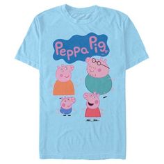 Join Peppa and her family and friends for adventures, friendships, learning, and more, with fun new officially licensed apparel for the whole family from the long-running British animated children's series Peppa Pig! This cute Peppa Pig Family Logo Men's Graphic T-Shirt features Peppa, George, Mummy, and Daddy Pig, along with the classic animated series logo printed above. Get your very own Peppa Pig tee today and get in on the fun! Casual Family T-shirt With Cartoon Print, Casual T-shirt With Cartoon Print For Family, Casual Cartoon Print T-shirt For Family, Short Sleeve T-shirt With Character Print, Family Crew Neck Tops With Character Print, Graphic Print Crew Neck Top For Family Outings, Blue Family Matching T-shirt With Cartoon Print, Family Matching Blue T-shirt With Cartoon Print, Character Style Short Sleeve T-shirt With Cartoon Print