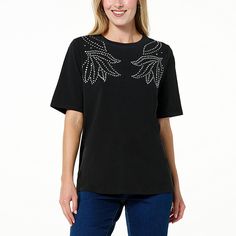 DG2 by Diane Gilman Embellished Short-Sleeve Tee  Life can always use a little more sparkle! An embellished neckline adds a flirty, shimmery finish to this classic, cotton-blend everyday tee from Diane Gilman. Embellished T-shirt For Night Out, Short Sleeve Tops With Rhinestones For Night Out, Casual Embellished T-shirt, Casual Crew Neck Top With Rhinestones, Casual Rhinestone Crew Neck Top, Embellished Short Sleeve Tops For Night Out, Trendy Rhinestone Tops For Fall, Spring Embellished Crew Neck T-shirt, Embellished Crew Neck T-shirt For Spring