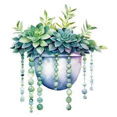 a painting of a potted plant with beads hanging from it's sides and succulents on the side