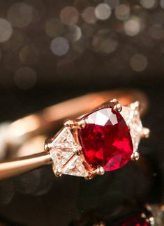 *Condition: Brand new *Center Stone: Natural Red Spinel, Cushion Cut, approx 0.83ct, 6.7x5.1mm *Side stones: Natural White Diamond trillion-cut, 0.185ct (VS1 clarity and F color) *Ring Dimension: 11 x 6mm *Gold Weight: 2.166g (depend on the gold weight) *Metal Purity: Can be select Each piece is made-to-order with care and special attention to detail. all items are made with conflict-free diamonds and gems. Size: made to order The item will be gift wrapped and shipped. -------------------------- Luxury Red Diamond Ring With Gemstone, Luxury Red Gemstone Diamond Ring, Elegant Red Ruby Promise Ring, Red Heart Cut Rings For Wedding, Luxury Red Ring With Prong Setting, Exquisite 14k Gold Red Rings, Timeless Ruby Rings For Wedding, Timeless Red Diamond Rings, Red Heart Cut Fine Jewelry Rings