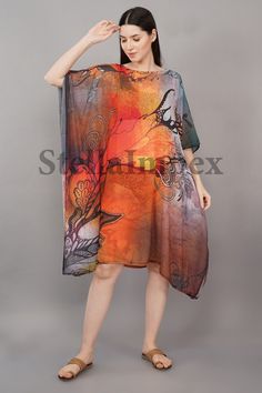 Shift Dress For Vacation, Beach Tunic Shift Dress, Free Size Kaftan For Spring Beach Cover-up, Multicolor Relaxed Fit Dress For Vacation, Casual Silk Kaftan For The Beach, Free Size Tunic Kaftan For Spring, Oversized Short Sleeve Kaftan For Summer, Orange Shift Dress For Summer, Multicolor Spring Tunic For Vacation