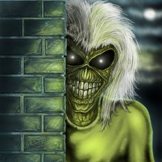 an alien with white hair and green skin is peeking out from behind a brick wall