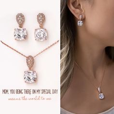 Mother of the Groom Gift, Mother of the Bride Jewelry, Rose Gold Earrings and Necklace Set ► SHOP ALL MOTHER OF THE BRIDE/GROOM GIFT: https://etsy.me/3O0wqGv Perfect gift to the Mother of the Bride or Groom! Wedding set gift includes a beautiful crystal pendant necklace and earring set. Each pair comes with gift box, ribbon and message card. Ready for gifting!  ► Please note in your order when your wedding date is PRODUCT DETAILS - 18K White Gold, Gold, Rose Gold over brass - Cubic Zirconia Pave Gold Earrings And Necklace, Mother Of The Groom Jewelry, Mother Of The Bride Earrings, Mother Of The Bride Jewelry, Rose Gold Jewelry Set, Gold Jewelry Set, Mother Of The Groom Gift, Mother Of The Bride Gift, Jewelry Rose Gold