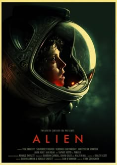 an alien movie poster with the face of a woman in a space suit and helmet