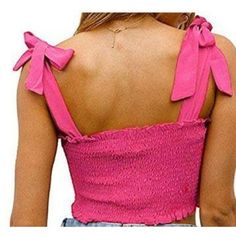 Kamissy Women's Frill Smocked Crop Tank Top Tie Shoulder Strap Vest (Medium, Hot Pink) Fitted Beach Top With Smocked Bodice, Trendy Sleeveless Stretch Smocked Top, Non-stretch Smock Top For Summer, Fitted Smocked Bodice Top For Beach, Summer Tops With Smocked Bodice, Summer Tops With Smocked Bodice In Solid Color, Pink Cotton Smocked Ruched Top, Summer Smocked Stretch Top For Brunch, Pink Cotton Smocked Top For Summer