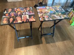 two side tables with pictures on them in a store or office area, one is made out of glass and the other has wood flooring