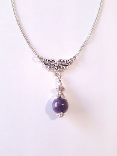 Amethyst Silver Victorian necklace Bohemian necklace Boho necklace Lilac necklace purple necklace amethyst jewelry gift for her lavender necklace Amethyst necklace.  Beautiful silver-tone ornaments Victorian style genuine Amethyst necklace . Silver tone beads Genuine Amethyst necklace . Romantic necklace . Beautiful Amethyst necklace . Amethyst jewelry. Perfect Gift for girlfriend,  mother,  sister,  bridesmaids or Maid of honor. Gift for special people or jewelry set for your special occasion. We can make the same style earrings, if you want to have a beautiful jewelry set. FREE SHIPPING  Material: Genuine Amethyst, metal beads, silver-tone metal chain. Length of necklace (we can make the length by your size):  18.20 ( 46 cm), pendant 1.60 ( 4 cm.) If you have any question, please contact Lavender Amethyst Pendant Jewelry, Adjustable Lavender Birthstone Jewelry, Elegant Amethyst Round Bead Necklaces, Lavender Crystal Necklaces With Natural Stones For Gift, Purple Amethyst Round Bead Necklaces, Elegant Amethyst Necklaces With Round Beads, Lavender Crystal Necklace With Natural Stones For Gift, Lavender Amethyst Round Jewelry, Lavender Necklaces With Natural Stones For Gift