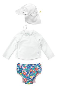 Keep baby's skin protected from the sun, sand and surf as they splash and play in this coordinating set featuring a long-sleeve rashugard, swim diaper and hat. Includes rashguard, swim diaper and sun hat Rashguard has half-zip closure with chin guard Swim diaper has elastic waist Sun hat has toggled chin strap UPF 50+ sun protection 100% recycled polyester Machine wash, tumble dry Imported Playful Fitted Swimwear With Upf 50+, Spring Poolside Rash Guard With Uv Protection, Spring Rash Guard With Uv Protection For Poolside, Spring Rash Guard With Uv Protection For Surfing, Upf 50+ Swimwear For Beach Season Playtime, Uv Protection Swimwear For Spring Playwear, Spring Rash Guard In White For Swimming, Spring White Rash Guard For Swimming, White Rash Guard With Upf 50+ For Poolside