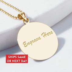 Custom engraved charm necklace. Engrave your charm with Monogram, Initials, or your favorite message that can be engraved on the back! - Item can be engraved with message, names, dates or monogram. - Engraving doesn't delay your shipment. - Available in Three Sizes in Solid 14K, 10k,Yellow, White, Or Sterling Silver - What Shape is This Item? Round - Is a Chain Included? You can choose which chain to add to your order when checking out - All Sterling Silver is protected with a tarnish resistance Engraved Oval Pendant Charm Necklace For Anniversary, Engraved Round Pendant Jewelry For Gifts, Meaningful Engraved Round Pendant Jewelry, Gold Round Pendant Name Necklace With Engraving Option, Gold Custom Necklace With Engraving Option, Meaningful Engraved Gold Jewelry, Engraved Medallion Charm Necklaces As Gift, Engraved Medallion Charm Necklace For Gift, Personalized Medallion Charm Necklaces