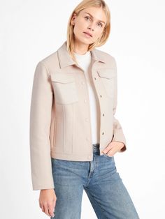 Double-Faced Trucker Jacket | Banana Republic Denim Jacket Fashion, Stand Collar Jackets, High Rise Style, Autumn 2022, Beige Style, Fashion Nova Jeans, Work Jackets, Trucker Jacket, Clothes Collection