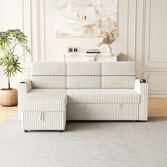 a living room with a striped couch and potted plant