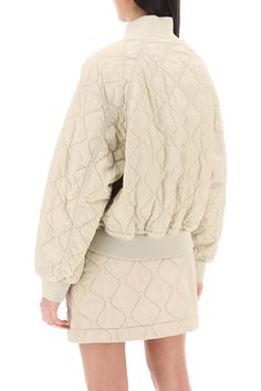 Burberry bomber jacket with a short, relaxed cut, made from crinkle-finish quilted nylon embellished with tonal EKD embroidery on the front. It features crew neck, cuffs and hem in ribbed knit, hidden press-stud closure, inseam pockets and raglan sleeves. Provided with internal pockets. The model is 177 cm tall and wears size S. Press Studs, Raglan Sleeve, Fashion Item, Accessories Design, Ribbed Knit, Burberry, Bomber Jacket, Jackets For Women, Crew Neck