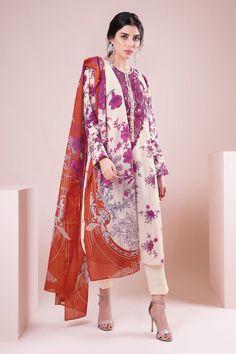 Khaadi B22120 Beige Summer Lawn 2022 Cream Lawn Suit With Digital Print For Spring, White Printed Long Sleeve Lawn Suit, White Long Sleeve Lawn Suit With Floral Print, Red Long Sleeve Lawn Suit For Spring, White Printed Lawn Suit For Spring, Spring Lawn Suit With Digital Print And Long Sleeves, Spring Lawn Suit With Digital Print, Long Sleeve, Cotton Digital Prints Long Sleeve For Summer, Spring White Printed Lawn Suit