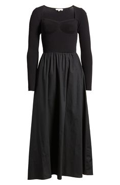 A ribbed cotton bodice gives way to a swishy skirt in an easy-to-love dress topped with the sweetest of necklines. 50" length (size Medium) Sweetheart neck Long sleeves 100% cotton bodice with 57% viscose, 43% polyamide skirt Hand wash, dry flat Imported Fitted Skirted Dress For Fall, Ribbed Cotton Fall Dresses, Black Skirted Dress For Fall, Mixed Media Dress, Moon River, Easy To Love, Sweetheart Neck, Top Dress, Free Fabric